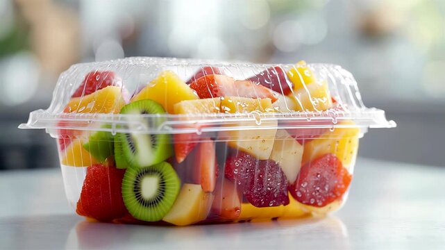 Fresh mixed fruit salad chunks pineapple kiwi strawberry dragonfruit papaya melon grapes packed clear plastic container healthy snack