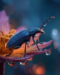 A bug on a flower with water droplets