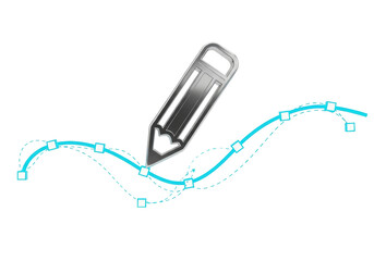 Detailed 3d render of a metallic digital pencil tool interacting with a bright cyan bezier curve, precise anchor points, and control handles, isolated on a transparent background. Concept of digital