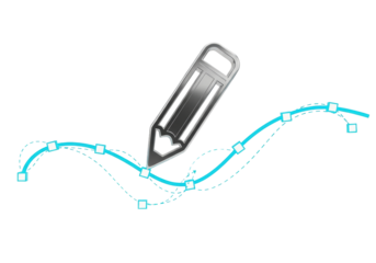 Detailed 3d render of a metallic digital pencil tool interacting with a bright cyan bezier curve, precise anchor points, and control handles, isolated on a transparent background. Concept of digital