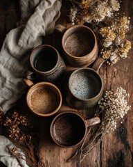 A bunch of dried flowers and small bowls
