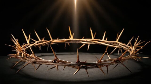 A 3D animation of the crown of thorns illuminated by a divine light. A symbol of Jesus Christ's sacrifice and suffering. Christian faith, Good Friday, and Easter concept