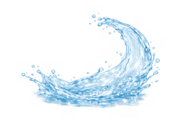 Water splash creating a vibrant dynamic wave with clear blue liquid droplets, representing freshness and motion, transparent background