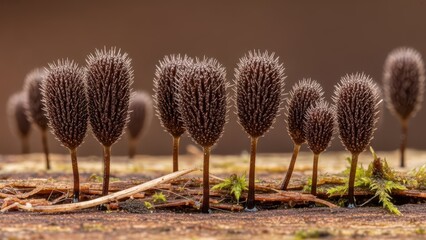 Macro photo of dark brown spiky slime molds with fuzzy textures on decaying wood, soft natural light, blurred earthy background.
