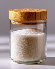 A jar of sugar and sugar on a table