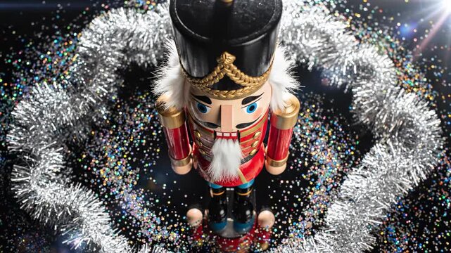 Portrait of a young man as a holiday nutcracker soldier statue holding a sword and gun amidst festive Christmas tree decorations and winter ornaments