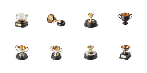 A collection of eight assorted small sports and achievement trophies featuring gold silver and glass designs on transparent background