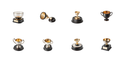A collection of eight assorted small sports and achievement trophies featuring gold silver and glass designs on transparent background