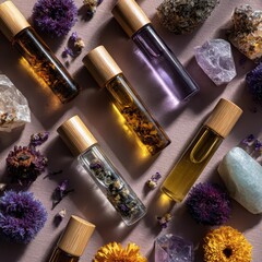 A variety of different types of flowers and perfume bottles