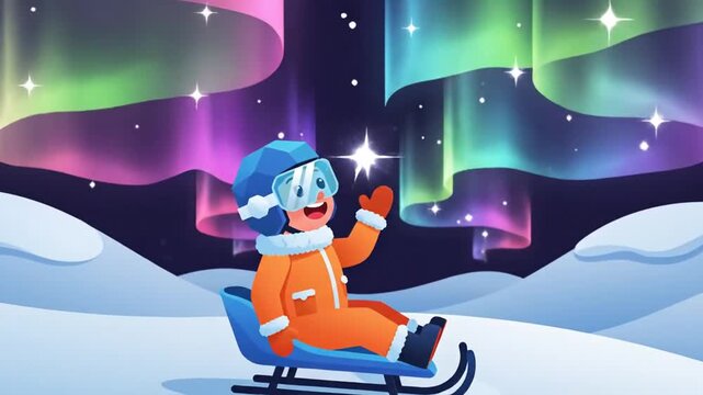 Boy Sledding Under Aurora Borealis, Winter Joyful Adventure, Cartoon Style Animation