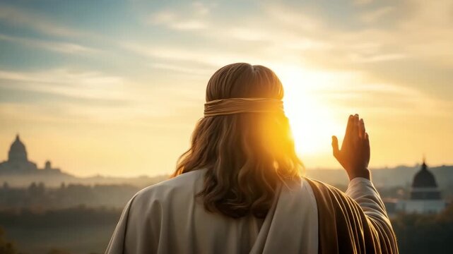 Jesus Christ from behind raising his hand in blessing at sunrise. A spiritual animation of the savior overlooking a city. Concept of faith, hope, and salvation