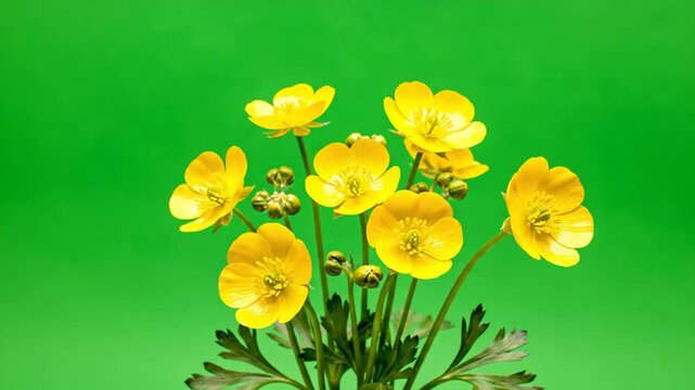 A small cluster of vibrant yellow buttercup flowers gently sways and moves in a subtle breeze isolated on a chroma key green screen for easy keying subtle breeze, petals, high quality