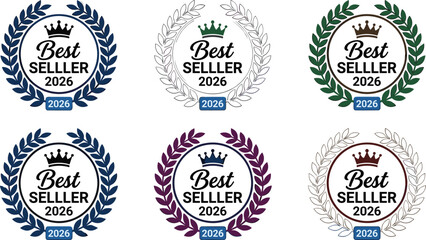 Obraz premium PrintBest seller 2026 laurel wreath icon set with crown, premium quality product label, marketing badge, and sales guarantee award collection.