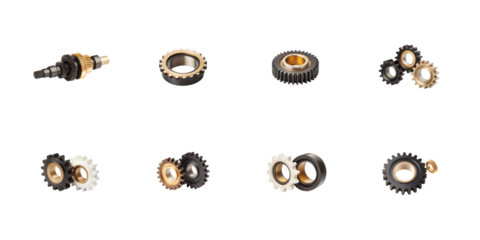 Collection of various precision metal and plastic machine gears and transmission components isolated on transparent background