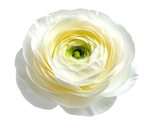 Pristine, close-up of a pure white flower, layered petals, yellow & green core, isolated