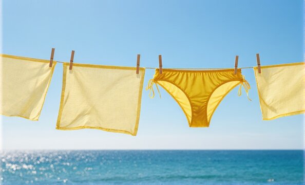 Yellow Bikini Bottoms and Matching Towels Hanging on Beach Clothesline