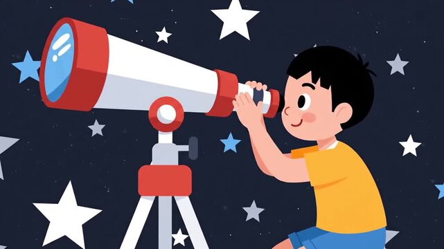 Boy Stargazing With Telescope Among Sparkling Stars In Night Sky Animation Sequence