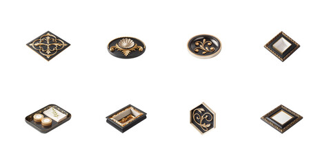 Assortment of luxury black and gold decorative elements including ornate tiles small trays and ornate dishware on transparent background