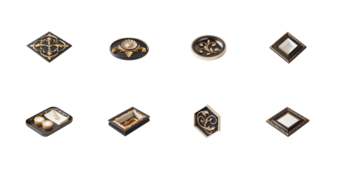 Assortment of luxury black and gold decorative elements including ornate tiles small trays and ornate dishware on transparent background