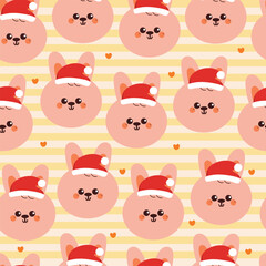 seamless pattern cute cartoon bunny with Santa hat for Christmas in stripe wallpaper