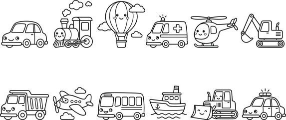 Cute cartoon transportation vehicle set vector line art with car train helicopter and plane for kids coloring book preschool education © Itz Mehedi's World
