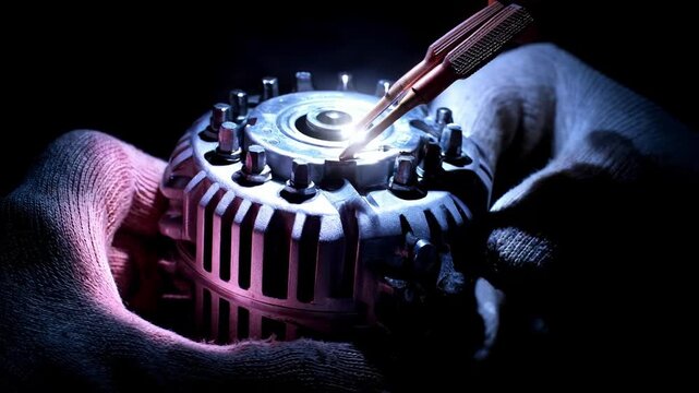 Medium shot showing detailed inspection of alternator components with specialized tools focusing on verifying mechanical and electrical integrity