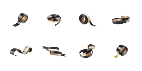 Collection of assorted black and gold insulation sealing tape rolls isolated in various unwrapped and coiled presentations on transparent background. on transparent background