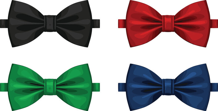 Colorful glossy bow tie set in black red green and blue isolated on white background elegant fashion vector illustration