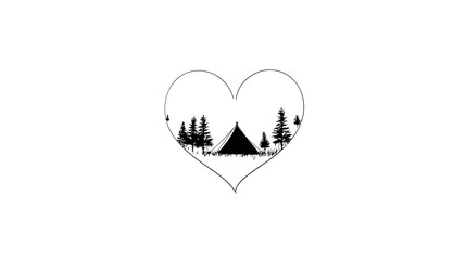 Minimalist Heart Shape Illustration with Camping Tent and Pine Trees Silhouettes. Black and white graphic for nature lovers.
