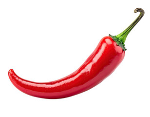 A vibrant, glossy, isolated red chili pepper, curved with green stem, against a black background