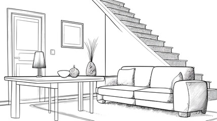 Detailed hand-drawn sketch of a modern living room interior with a sofa, coffee table, and staircase in black and white line art.