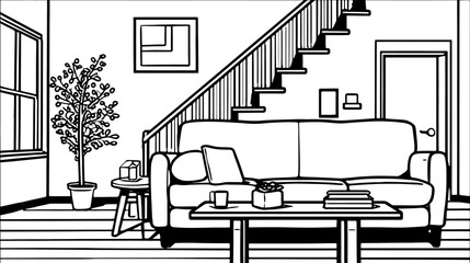 Black and white line art illustration of a cozy living room with a couch, coffee table, houseplant, and staircase in a home interior.