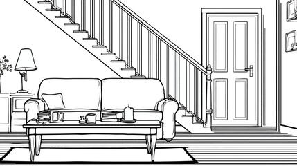 Detailed black and white line art illustration of a cozy living room interior. Home comfort scene with sofa, coffee table, and staircase.