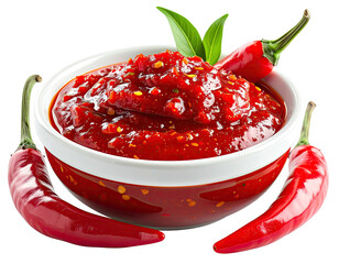 A vibrant bowl filled with spicy red sauce, surrounded by fresh red chili peppers and leaves