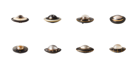 Collection of eight detailed miniature flying saucer models displaying various cockpit designs on transparent background