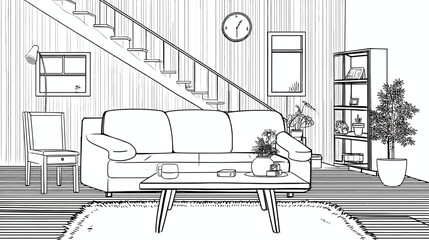 Detailed Line Art Drawing of Modern Living Room Interior. Minimalist Sketch with Sofa, Stairs, and Contemporary Home Furniture.