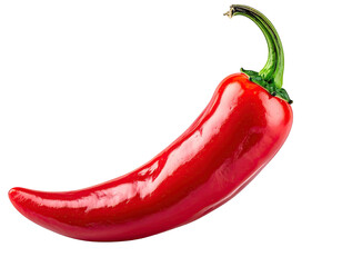 A vibrant, shiny red pepper, isolated against a solid black background, showcasing its curved form