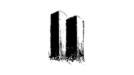 Abstract grunge black and white illustration of two tall urban skyscraper towers. High-contrast architectural concept art in ink style.