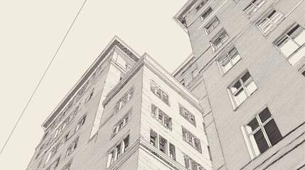 Architectural drawing of modern city high-rise buildings from a low angle, featuring windows and clean lines in a vintage sketch style.