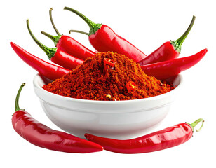 Close-up of fresh red chilies around a bowl of chili powder, isolated