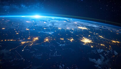 Earth From Space at Night with City Lights and Sunrise Glow.