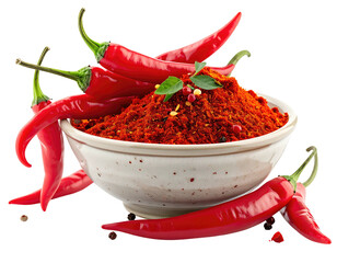 Close-up of bowl with red chili powder, surrounded by fresh, vibrant red chili peppers
