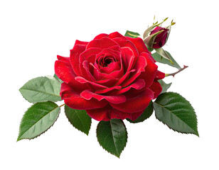 A vibrant red rose in full bloom, accompanied by a bud and lush green leaves, set against black
