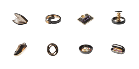 Collection of luxury modern everyday objects including accessories food beverage and practical tools on transparent background