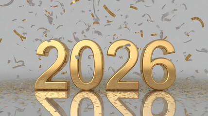 Golden 3d numbers 2026 floating above a reflective surface with a background of falling silver and gold confetti celebrating the new year and future success