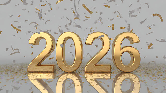 Golden 3d numbers 2026 floating above a reflective surface with a background of falling silver and gold confetti celebrating the new year and future success - Powered by Adobe