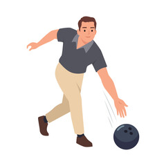 Adult man throwing a bowling ball, representing leisure activity, sports hobby. Flat vector illustration isolated on white background