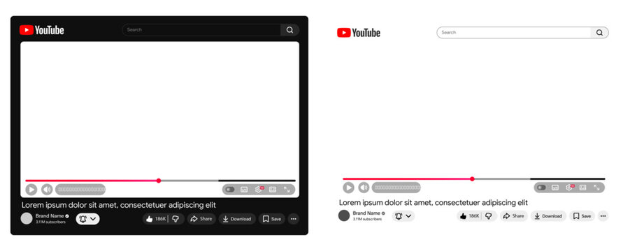 Youtube video template vector set. Isolated Youtube screen frame on transparent background. empty video, channel picture. Mockup design