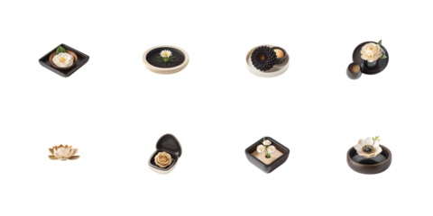 Collection of elegant decorative floral arrangements featuring various blossoms in stylized modern minimalist display settings on transparent background