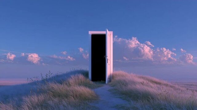 朝もやの草地、白い扉が中央に立つ静かな景色